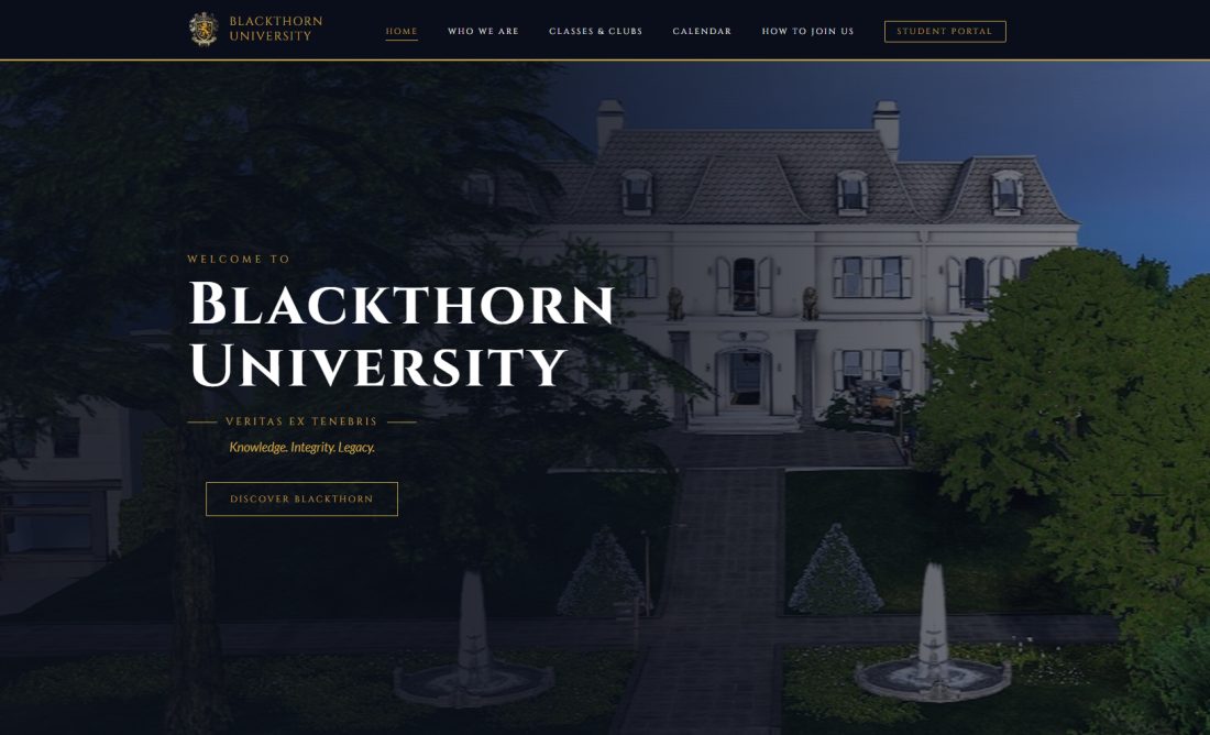 The Blackthorn University homepage — the campus building behind a welcome headline and a main menu.