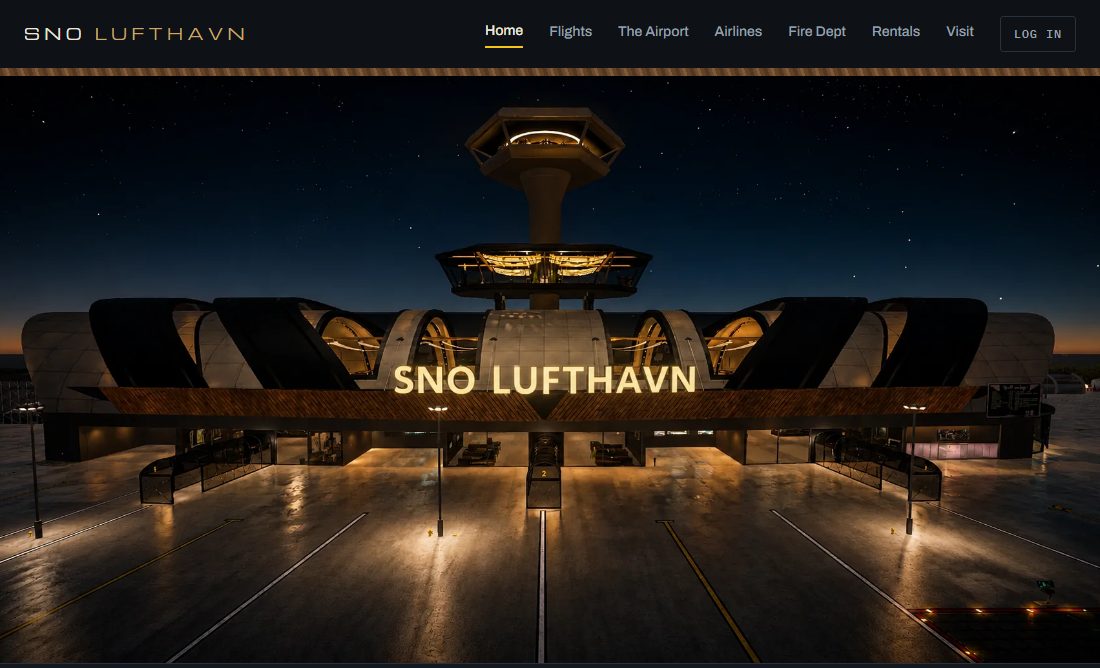 The SNO Lufthavn homepage — the terminal building and control tower lit up at night, with the main menu above.